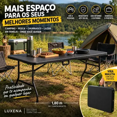 Mesa Dobrável Portátil Vira Maleta 180cm Reforçada até 50kg