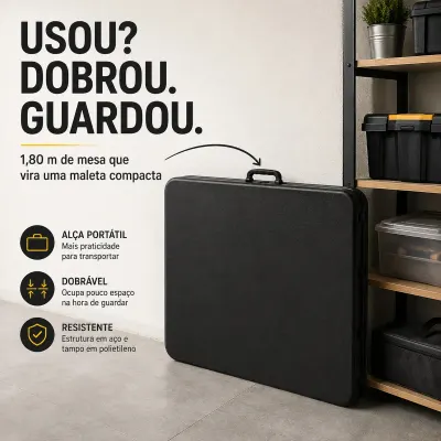 Mesa Dobrável Portátil Vira Maleta 180cm Reforçada até 50kg