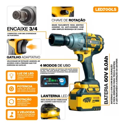 Kit Chave De Impacto A Bateria 60v 3/4 E 1/2 Pol K Nakasaki