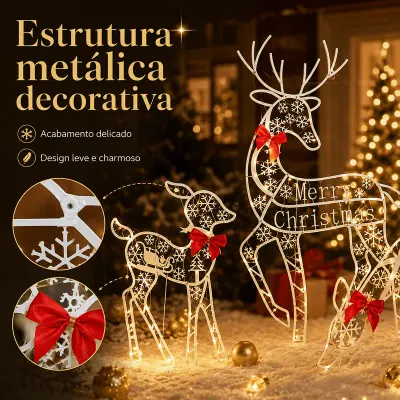Detalhe da estrutura metálica branca, dos flocos de neve e do laço