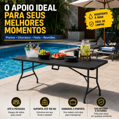 Mesa Dobrável Portátil Vira Maleta 180cm Reforçada até 50kg
