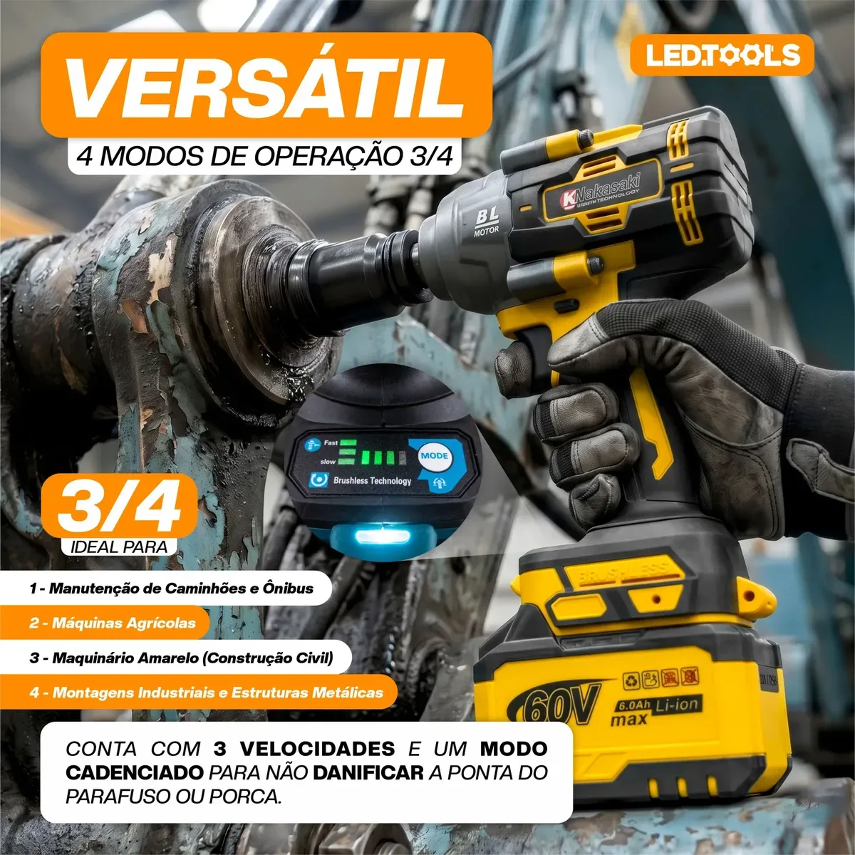 Chave 3/4 em manutenção de máquina pesada, com os 4 modos de operação