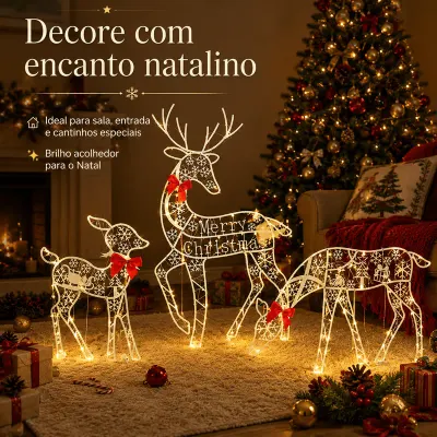 As renas decorando a sala perto da árvore e da lareira