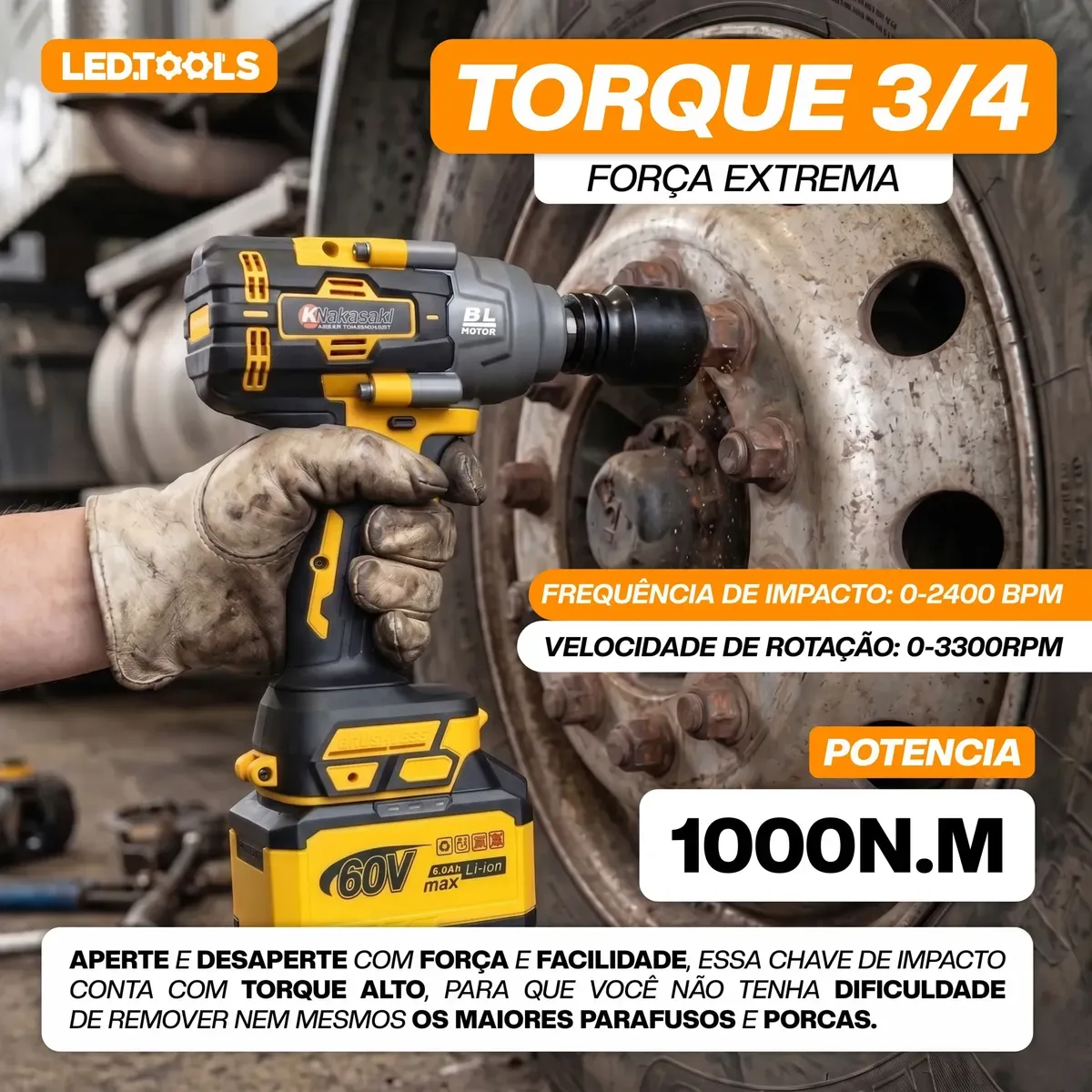 Chave 3/4 soltando parafuso de roda de caminhão, torque de 1000 N.m