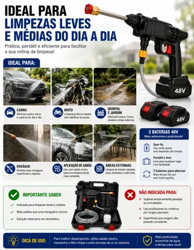 Lavadora de Alta Pressão Sem Fio a Bateria 48V - Kit Completo com Maleta