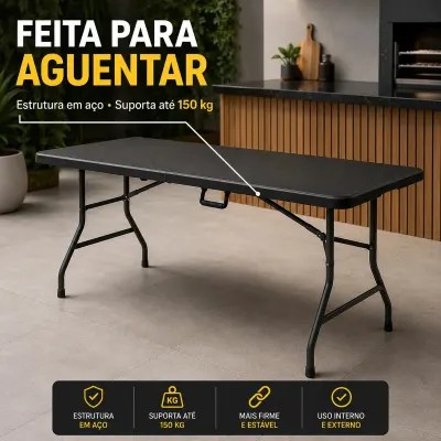 Mesa Dobrável Portátil Vira Maleta 180cm Reforçada até 50kg