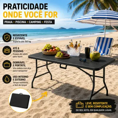Mesa Dobrável Portátil Vira Maleta 180cm Reforçada até 50kg