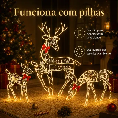 As renas acesas na sala, funcionando com pilhas, sem fio