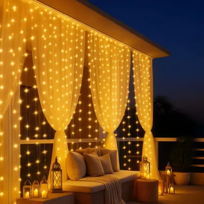 Cortina de luz LED branco quente decorando uma varanda à noite