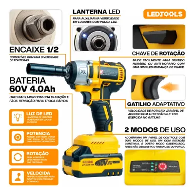 Kit Chave De Impacto A Bateria 60v 3/4 E 1/2 Pol K Nakasaki