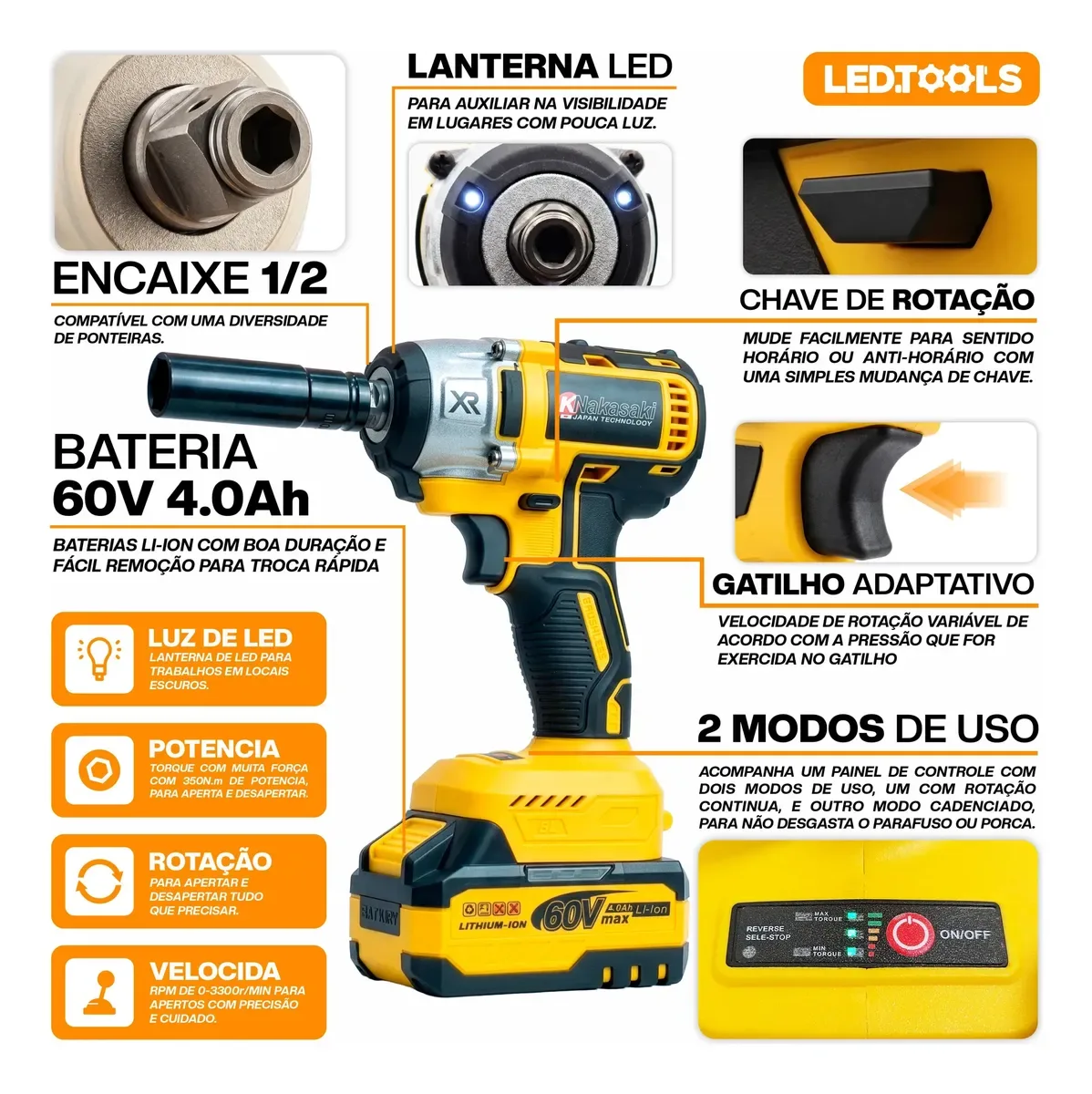 Recursos da chave 1/2: encaixe, 2 modos, lanterna LED e bateria 4.0Ah