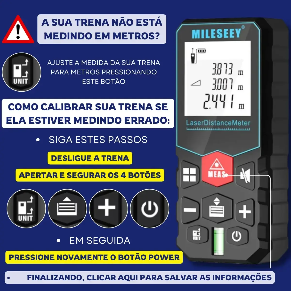 Como trocar a unidade para metros e como calibrar a trena