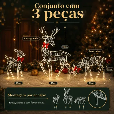 As três peças com as medidas: rena grande de 78 cm, filhote de 43 cm e rena baixa de 36 cm