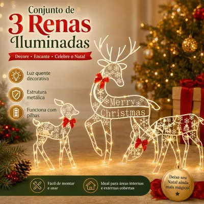 Conjunto de 3 renas iluminadas com laço vermelho, acesas na sala